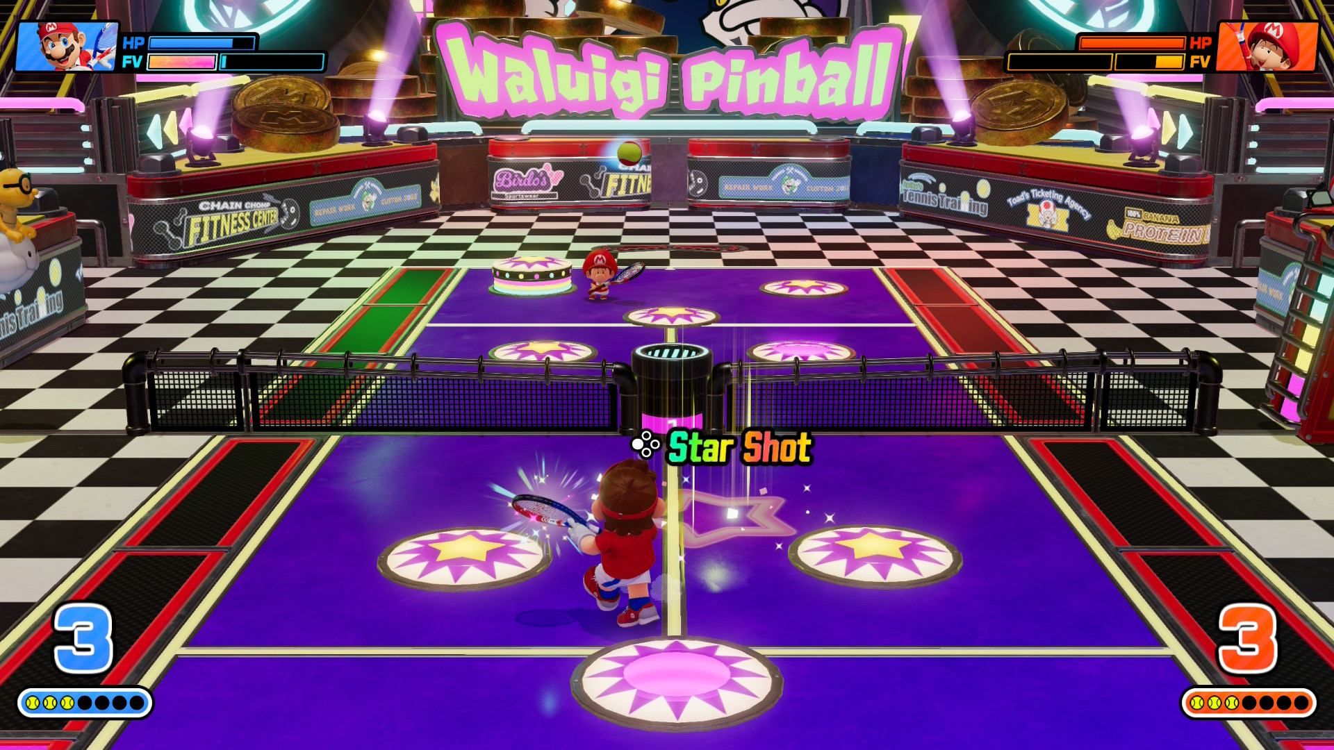 A screenshot from Mario Tennis Fever showing on-court tennis action