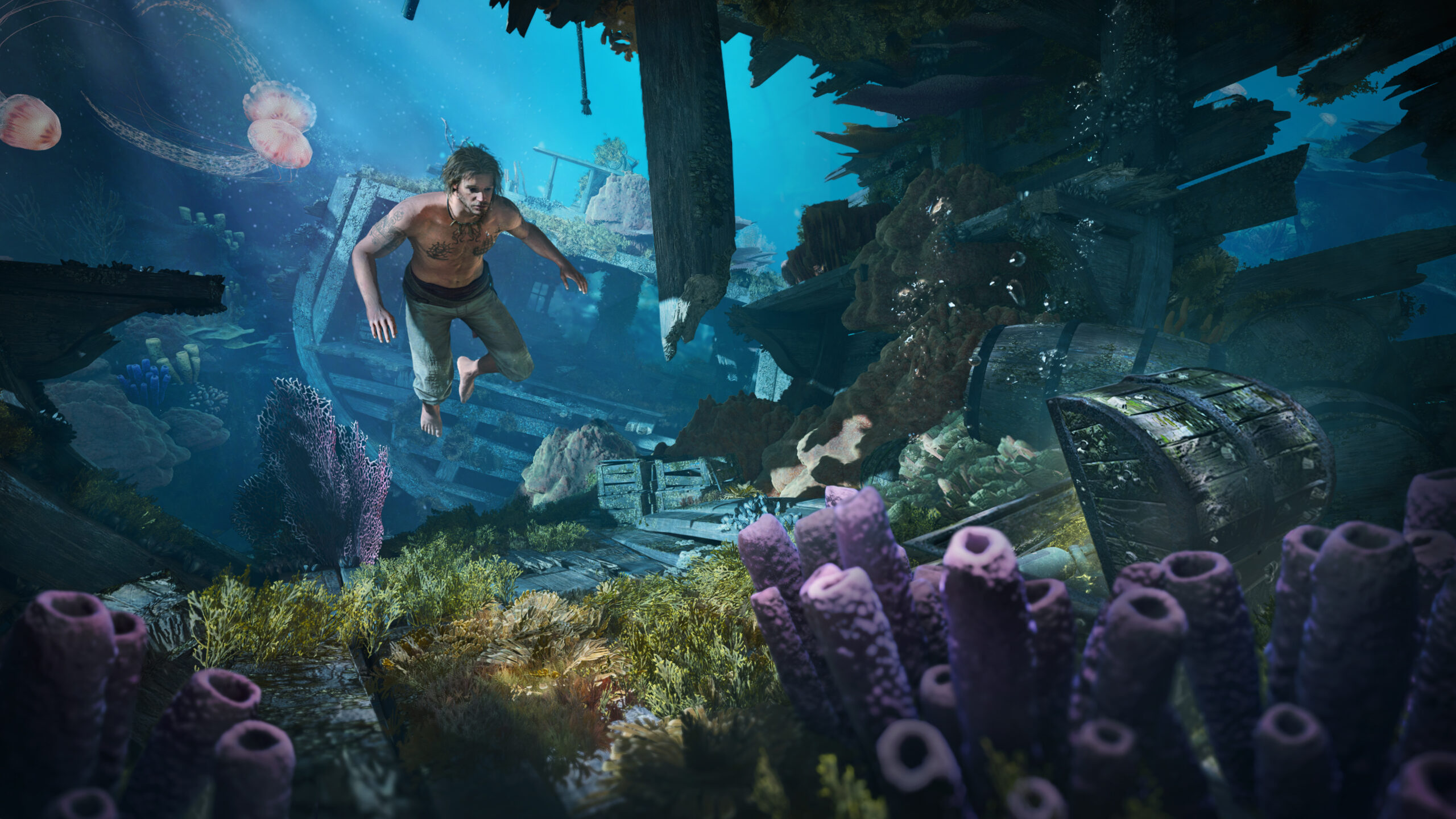 A screenshot of Edward Kenway swimming underwater in Assassin's Creed Black Flag Resynced
